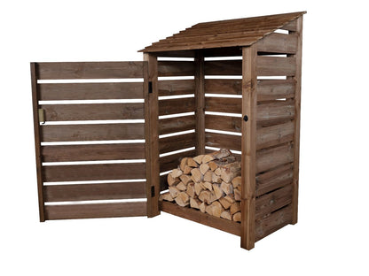 Slatted Wooden Log Store with Door W-119cm, H-126cm or 180cm, D-88cm - Brown Finish