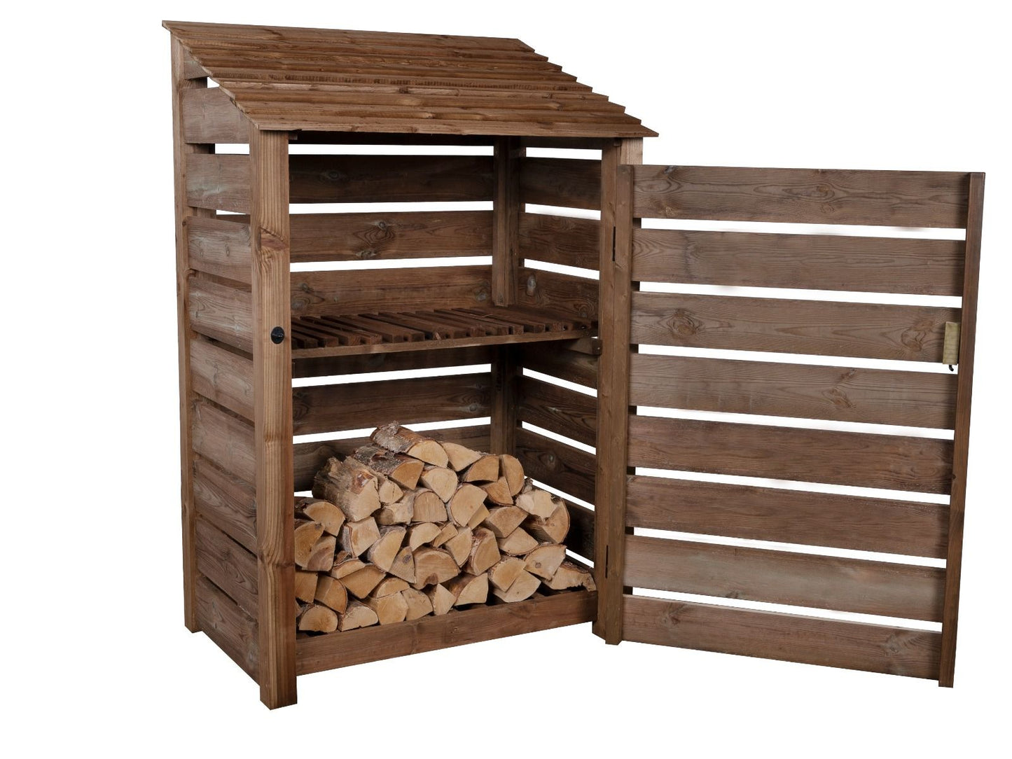 Slatted Wooden Log Store with Door and Shelf W-119cm, H-126cm or 180cm, D-88cm - Brown Finish