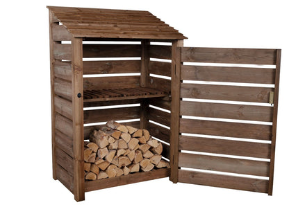 Slatted Wooden Log Store with Door and Shelf W-119cm, H-126cm or 180cm, D-88cm - Brown Finish