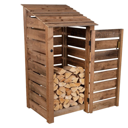 Slatted Wooden Log Store with Door W-99cm, H-126cm or 180cm, D-88cm - Brown Finish