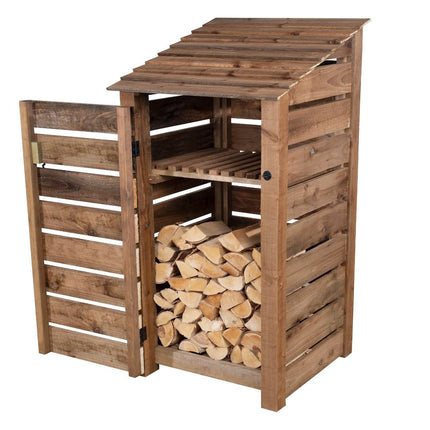 Slatted Wooden Log Store with Door and Shelf W-99cm, H-126cm or 180cm, D-88cm - Brown Finish