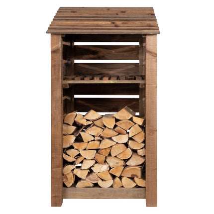 Slatted Wooden Log Store with Shelf W-99cm, H-126cm or 180cm, D-88cm - Brown Finish