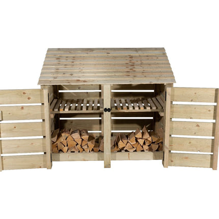 Slatted Wooden Log Store with Door and Shelf W-146cm, H-126cm or 180cm, D-88cm