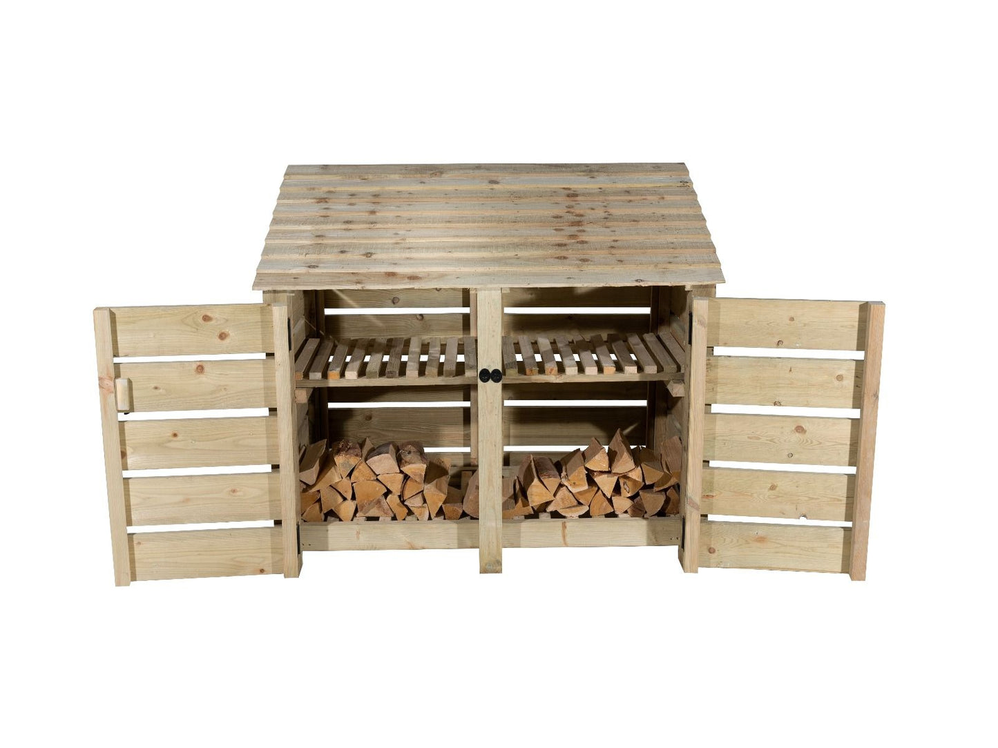 Slatted Wooden Log Store with Door and Shelf W-146cm, H-126cm or 180cm, D-88cm
