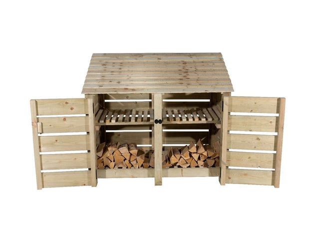 Slatted Wooden Log Store with Door and Shelf W-146cm, H-126cm or 180cm, D-88cm