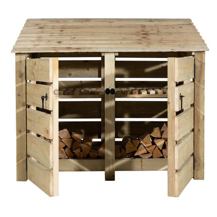 Slatted Wooden Log Store with Door and Shelf W-146cm, H-126cm or 180cm, D-88cm