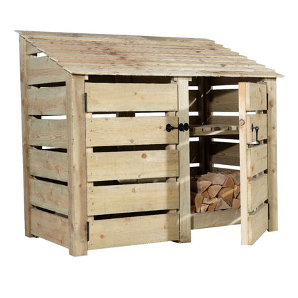 Slatted Wooden Log Store with Door and Shelf W-146cm, H-126cm or 180cm, D-88cm