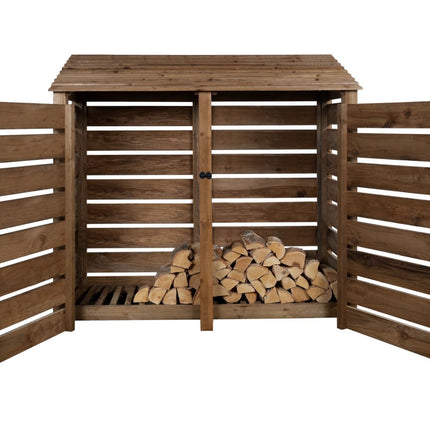 Slatted Wooden Log Store with Doors W-187cm, H-126cm or 180cm, D-88cm - Brown Finish