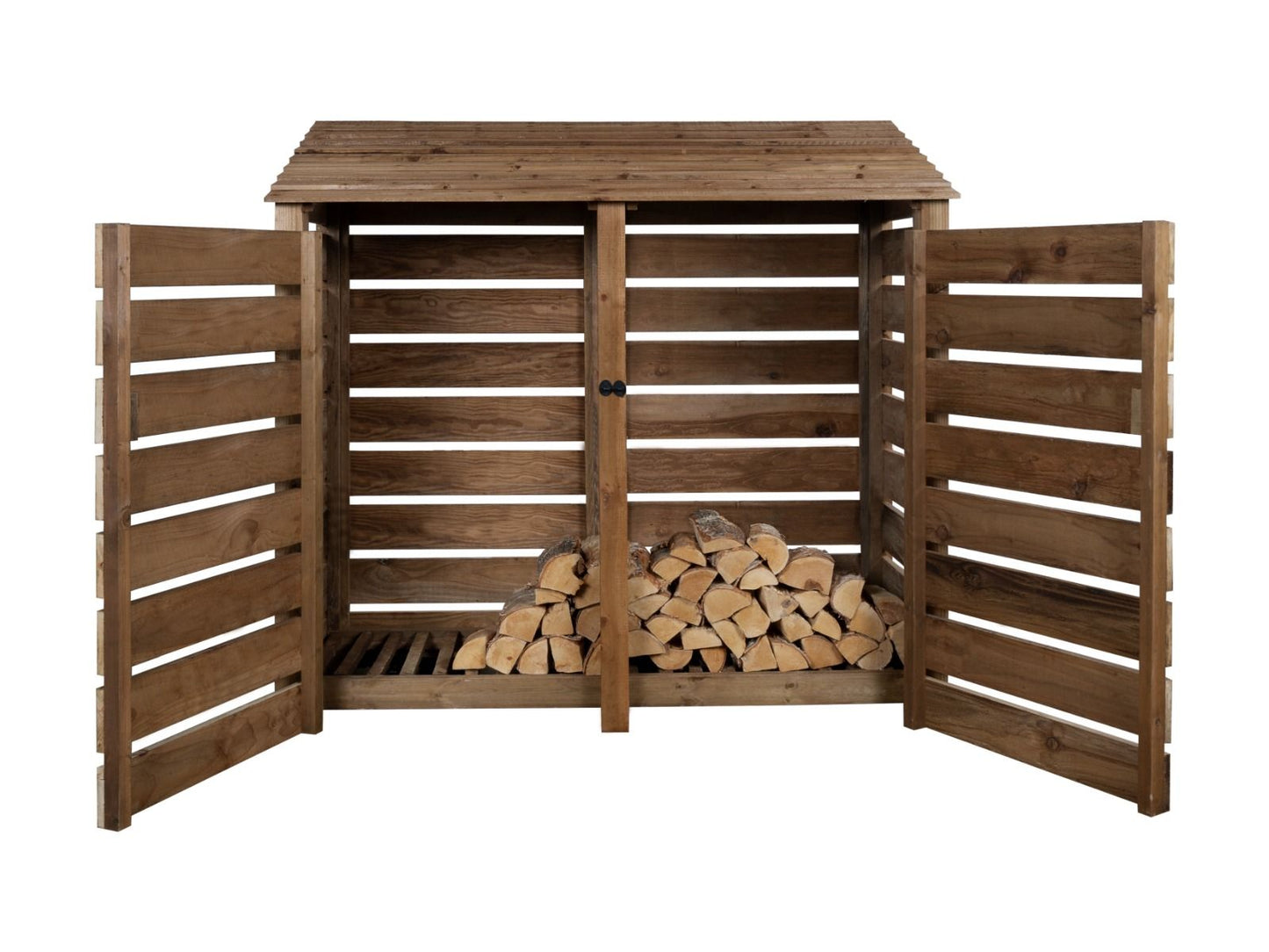 Slatted Wooden Log Store with Doors W-187cm, H-126cm or 180cm, D-88cm - Brown Finish