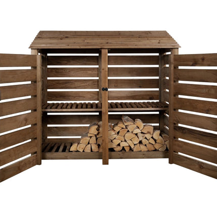 Slatted Wooden Log Store with Doors And Shelf W-187cm, H-126cm or 180cm, D-88cm - Brown Finish