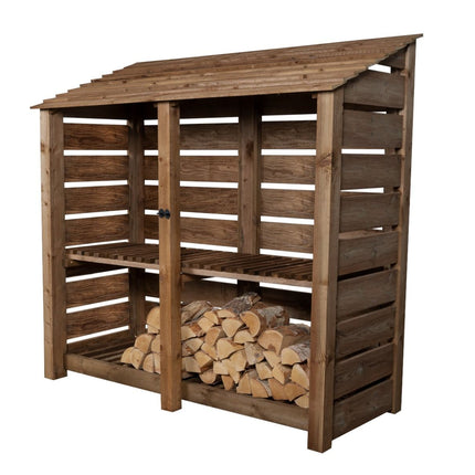 Slatted Wooden Log Store with Shelf W-187cm, H-126cm or 180cm, D-88cm - Brown Finish
