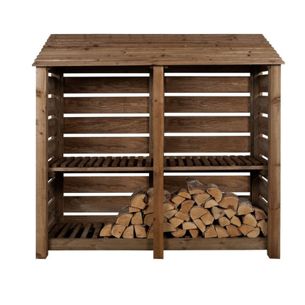 Slatted Wooden Log Store with Shelf W-187cm, H-126cm or 180cm, D-88cm - Brown Finish