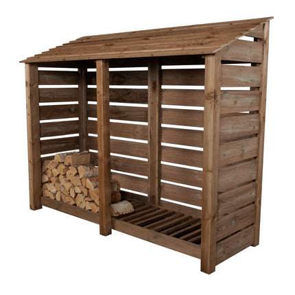 Slatted Wooden Log Store W-227cm, H-126cm or 180cm, D-88cm - Brown Finish