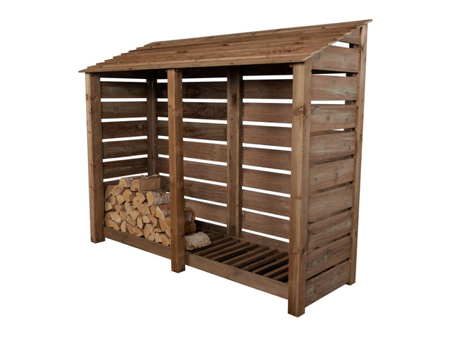 Slatted Wooden Log Store W-227cm, H-126cm or 180cm, D-88cm - Brown Finish