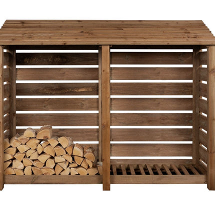 Slatted Wooden Log Store W-227cm, H-126cm or 180cm, D-88cm - Brown Finish