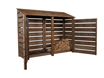 Slatted Wooden Log Store with Doors W-227cm, H-126cm or 180cm, D-88cm - Brown Finish