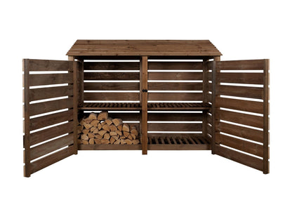 Slatted Wooden Log Store with Doors and Shelf W-227cm, H-126cm or 180cm, D-88cm - Brown Finish
