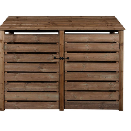 Slatted Wooden Log Store with Doors and Shelf W-227cm, H-126cm or 180cm, D-88cm - Brown Finish