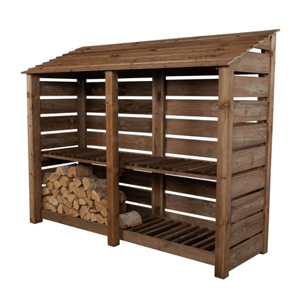 Slatted Wooden Log Store with Shelf W-227cm, H-126cm or 180cm, D-88cm - Brown Finish