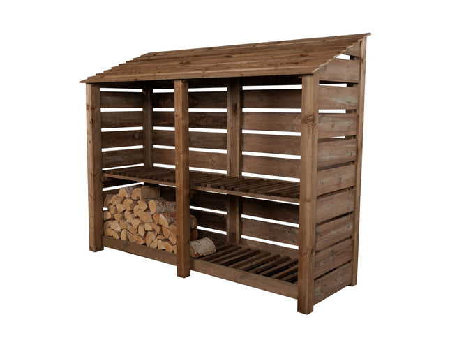 Slatted Wooden Log Store with Shelf W-227cm, H-126cm or 180cm, D-88cm - Brown Finish