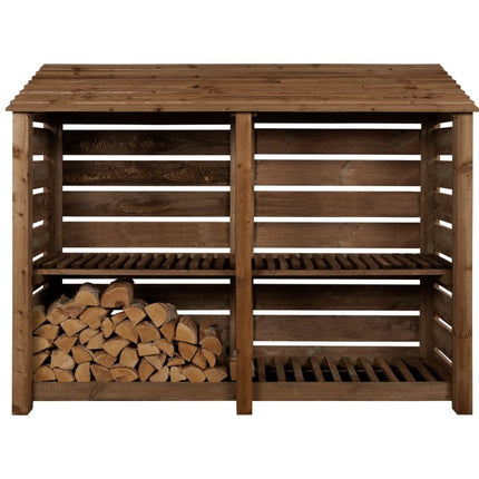Slatted Wooden Log Store with Shelf W-227cm, H-126cm or 180cm, D-88cm - Brown Finish