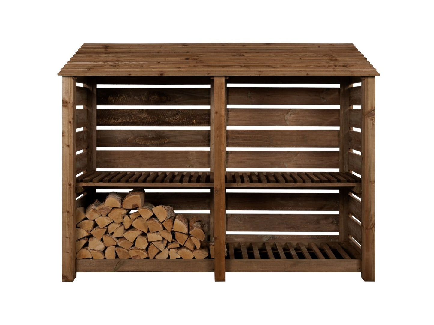 Slatted Wooden Log Store with Shelf W-227cm, H-126cm or 180cm, D-88cm - Brown Finish
