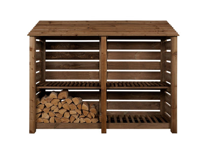 Slatted Wooden Log Store with Shelf W-227cm, H-126cm or 180cm, D-88cm - Brown Finish