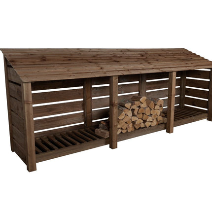 Slatted Wooden Log Store W-335cm, H-126cm or 180cm, D-88cm - Brown Finish