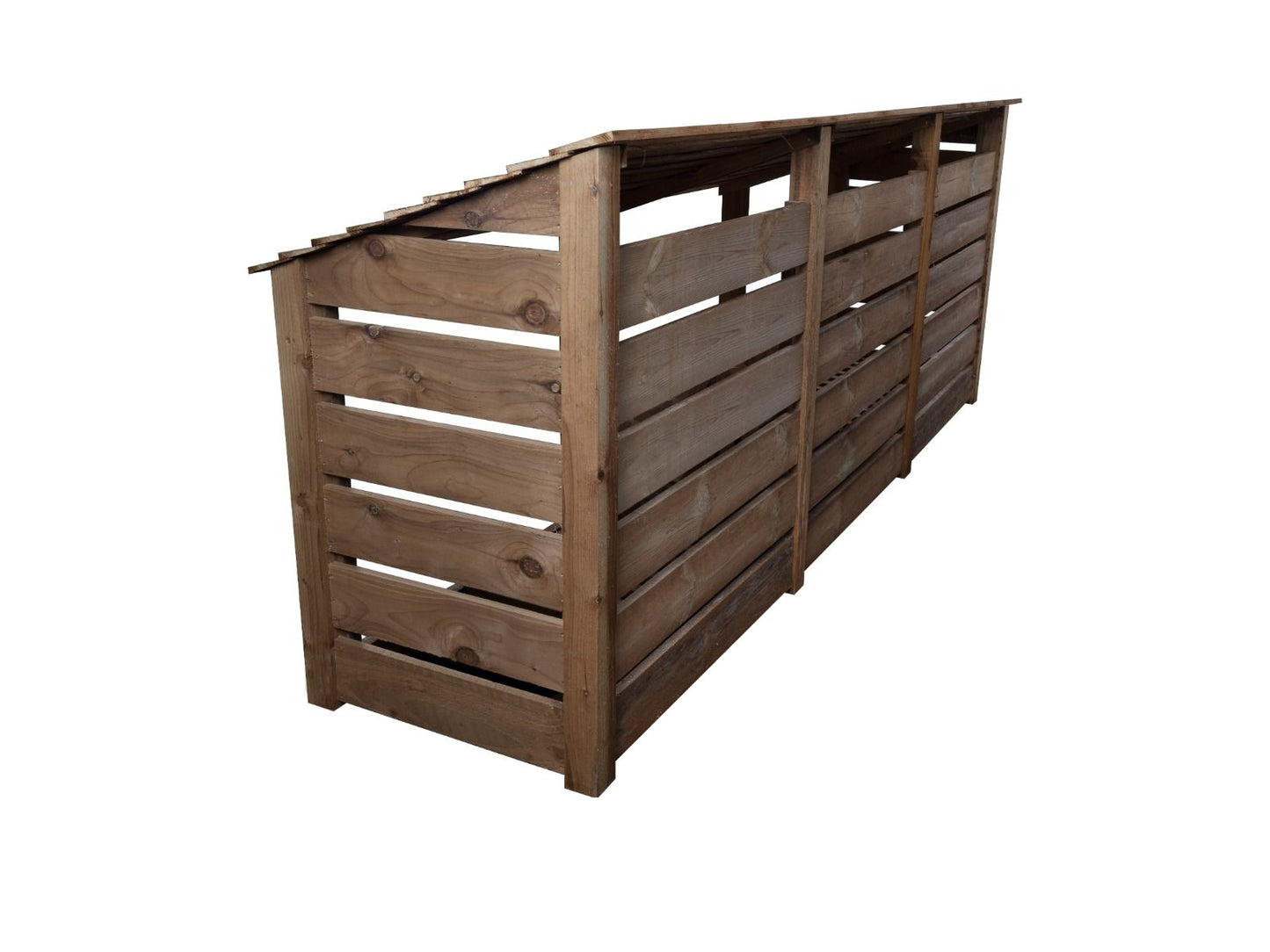 Slatted Wooden Log Store with Shelf W-335cm, H-126cm or 180cm, D-88cm - Brown Finish