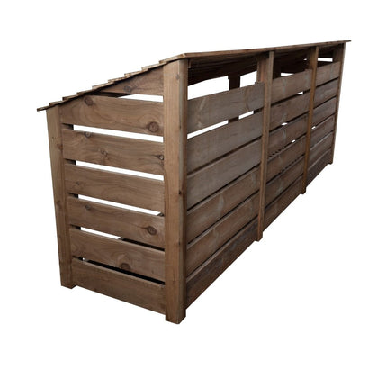 Slatted Wooden Log Store with Doors and Shelf W-335cm, H-126cm or 180cm, D-88cm - Brown Finish