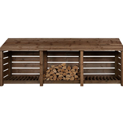 Slatted Wooden Log Store W-335cm, H-126cm or 180cm, D-88cm - Brown Finish