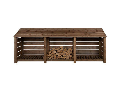 Slatted Wooden Log Store W-335cm, H-126cm or 180cm, D-88cm - Brown Finish