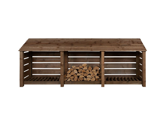 Slatted Wooden Log Store W-335cm, H-126cm or 180cm, D-88cm - Brown Finish