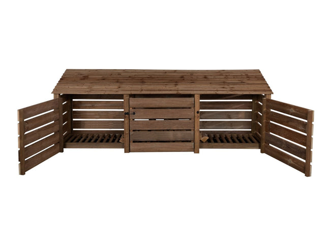 Slatted Wooden Log Store with Doors W-335cm, H-126cm or 180cm, D-88cm - Brown Finish