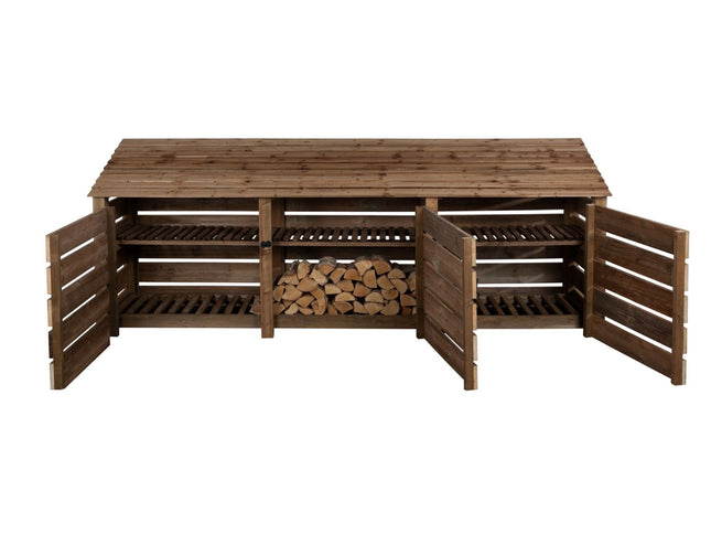 Slatted Wooden Log Store with Doors and Shelf W-335cm, H-126cm or 180cm, D-88cm - Brown Finish