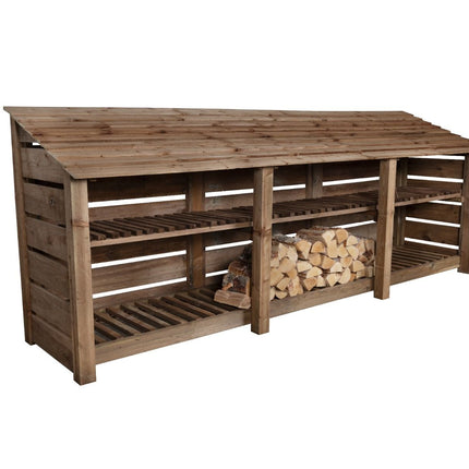 Slatted Wooden Log Store with Shelf W-335cm, H-126cm or 180cm, D-88cm - Brown Finish