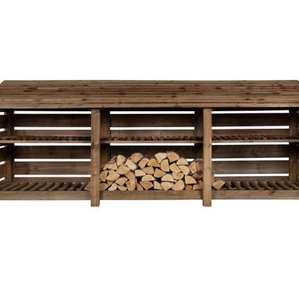 Slatted Wooden Log Store with Shelf W-335cm, H-126cm or 180cm, D-88cm - Brown Finish