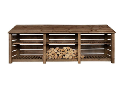 Slatted Wooden Log Store with Shelf W-335cm, H-126cm or 180cm, D-88cm - Brown Finish