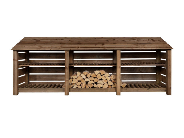 Slatted Wooden Log Store with Shelf W-335cm, H-126cm or 180cm, D-88cm - Brown Finish