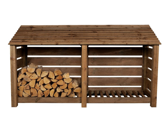 Slatted Wooden Log Store W-227cm, H-126cm or 180cm, D-88cm - Brown Finish
