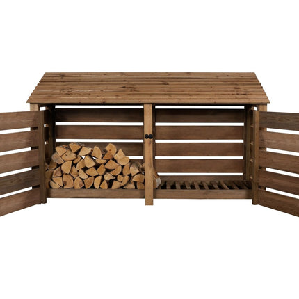 Slatted Wooden Log Store with Doors and Shelf W-227cm, H-126cm or 180cm, D-88cm - Brown Finish