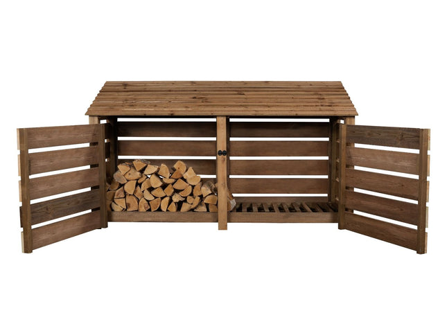 Slatted Wooden Log Store with Doors W-227cm, H-126cm or 180cm, D-88cm - Brown Finish