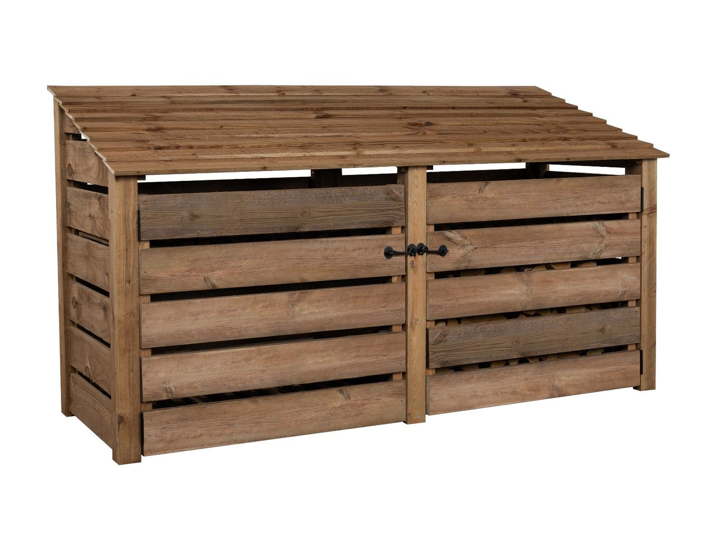 Slatted Wooden Log Store with Doors and Shelf W-227cm, H-126cm or 180cm, D-88cm - Brown Finish
