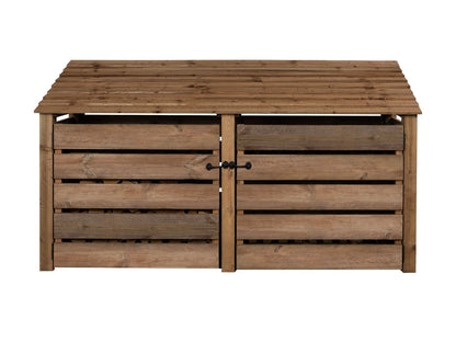 Slatted Wooden Log Store with Doors and Shelf W-227cm, H-126cm or 180cm, D-88cm - Brown Finish