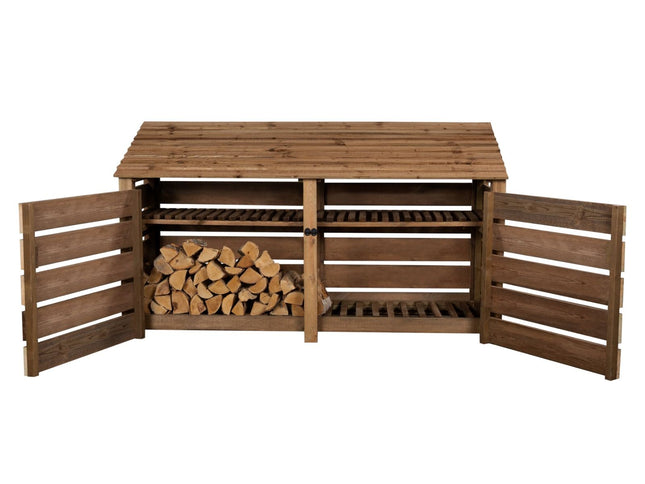 Slatted Wooden Log Store with Doors and Shelf W-227cm, H-126cm or 180cm, D-88cm - Brown Finish