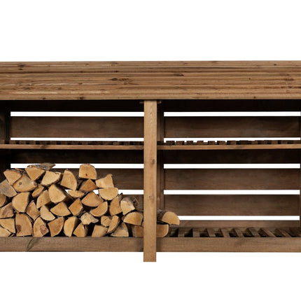 Slatted Wooden Log Store with Shelf W-227cm, H-126cm or 180cm, D-88cm - Brown Finish