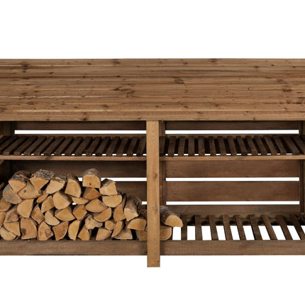 Slatted Wooden Log Store with Shelf W-227cm, H-126cm or 180cm, D-88cm - Brown Finish