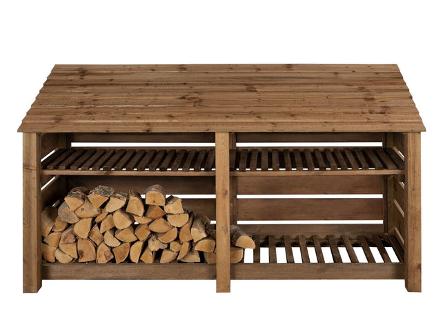 Slatted Wooden Log Store with Shelf W-227cm, H-126cm or 180cm, D-88cm - Brown Finish