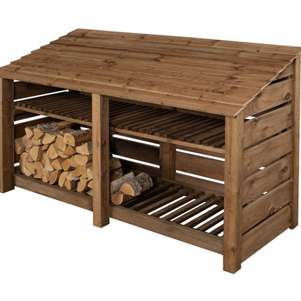 Slatted Wooden Log Store with Shelf W-227cm, H-126cm or 180cm, D-88cm - Brown Finish