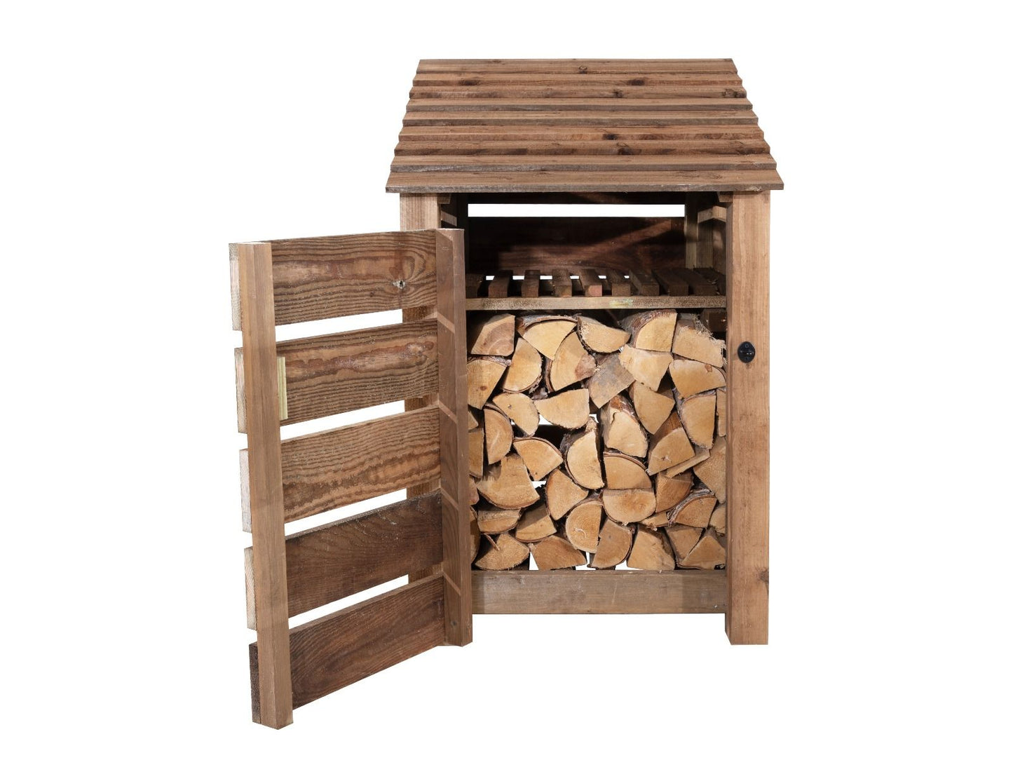 Slatted Wooden Log Store With Door and Shelf W-79cm, H-126cm or 180cm, D-88cm - Brown Finish